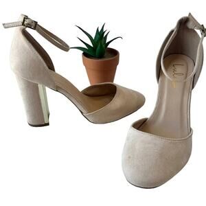 Lulu's Ankle Strap Block Heels Womens Shoes Size 9 Blush Pink Gold Faux Suede